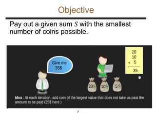 Objective
7
Pay out a given sum S with the smallest
number of coins possible.
 