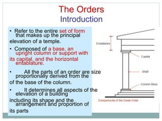 The Orders
Introduction
that makes up the principal
upright column or support with
entablature.
proportionally derived from the
elevation of a building
arrangement and proportion of
• Refer to the entire set of form
elevation of a temple.
• Composed of a base, an
its capital, and the horizontal
• All the parts of an order are size
of the base of the column.
• It determines all aspects of the
including its shape and the
its parts
 