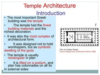 Temple Architecture
Introduction
building was the temple
building materials and the
architectural form.
worshippers, but as symbolic
rectangular in plan
plan has colonnades on all its
• The most important Greek
• The temple had the finest
richest decoration.
• It was also the most complex of
• It was designed not to hold
dwelling of the gods
• The temple is usually
• It is lifted on a podium, and
in external sides
 