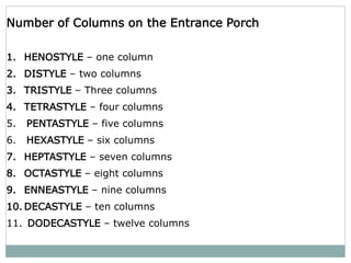 Number of Columns on the Entrance Porch
1. HENOSTYLE – one column
2. DISTYLE – two columns
3. TRISTYLE – Three columns
4. TETRASTYLE – four columns
5. PENTASTYLE – five columns
6. HEXASTYLE – six columns
7. HEPTASTYLE – seven columns
8. OCTASTYLE – eight columns
9. ENNEASTYLE – nine columns
10. DECASTYLE – ten columns
11. DODECASTYLE – twelve columns
 