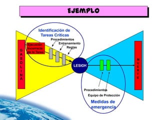 Ejemplo

           Identificación de
            Tareas Críticas
                  Procedimientos
    Ejecución          Entrenamiento
    Incorrecta              Reglas
G   de la Tarea
A
S                                                               M
O                                                               U
L                              LESION                           E
I                                                               R
N                                                               T
A                                                               E


                                       Procedimientos
                                         Equipo de Protección

                                           Medidas de
                                           emergencia
 