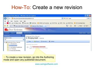 How-To:  Create a new revision www.swingsoftware.com 1)  To create a new revision, go into the Authoring mode and open any published document. 