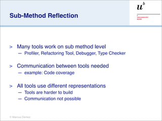 Sub-Method Reﬂection



>    Many tools work on sub method level
     — Proﬁler, Refactoring Tool, Debugger, Type Checker

>    Communication between tools needed
     — example: Code coverage

>    All tools use different representations
     — Tools are harder to build
     — Communication not possible


© Marcus Denker
 