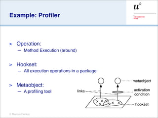 Example: Proﬁler



>    Operation:
     — Method Execution (around)


>    Hookset:
     — All execution operations in a package

                                               metaobject
>    Metaobject:
     — A proﬁling tool             links       activation
                                               condition

                                                hookset

© Marcus Denker
 
