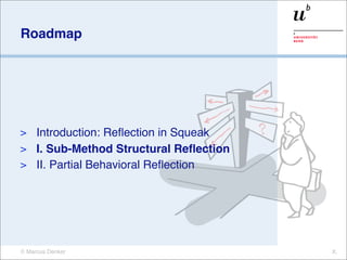 Roadmap




> Introduction: Reﬂection in Squeak
> I. Sub-Method Structural Reﬂection
> II. Partial Behavioral Reﬂection




© Marcus Denker                        X.
 
