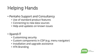 • Pentaho Support and Consultancy
• Use of standard product features
• Connecting to new data sources
• Help and updates on known issues
• Xpand-IT
• Customising security
• Custom components in CDF (e.g. menu navigator)
• Installation and upgrade assistance
• HTK Branding
 