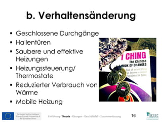 Co-funded by the Intelligent
Energy Europe Programme of
the European Union
16
b. Verhaltensänderung
 Geschlossene Durchgänge
 Hallentüren
 Saubere und effektive
Heizungen
 Heizungssteuerung/
Thermostate
 Reduzierter Verbrauch von
Wärme
 Mobile Heizung
Einführung- Theorie - Übungen - Geschäftsfall - Zusammenfassung
 