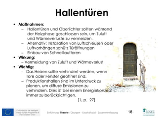 Co-funded by the Intelligent
Energy Europe Programme of
the European Union
18
 Maßnahmen:
 Hallentüren und Oberlichter sollten während
der Heizphase geschlossen sein, um Zuluft
und Wärmeverluste zu vermeiden.
 Alternativ: Installation von Luftschleusen oder
Luftvorhängen schütz Türöffnungen
 Einbau von Schnelllauftoren
 Wirkung:
 Vermeidung von Zuluft und Wärmeverlust
 Wichtig:
 Das Heizen sollte verhindert werden, wenn
Tore oder Fenster geöffnet sind.
 Produktionshallen sind im Unterdruck zu
planen, um diffuse Emissionen zu
verhindern. Dies ist bei einem Energiekonzept
immer zu berücksichtigen.
[1, p. 27]
Hallentüren
Einführung- Theorie - Übungen - Geschäftsfall - Zusammenfassung
 