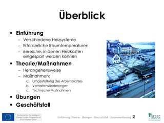 Co-funded by the Intelligent
Energy Europe Programme of
the European Union
2
Überblick
 Einführung
 Verschiedene Heizsysteme
 Erforderliche Raumtemperaturen
 Bereiche, in denen Heizkosten
eingespart werden können
 Theorie/Maßnahmen
 Herangehensweise
 Maßnahmen:
a. Umgestaltung des Arbeitsplatzes
b. Verhaltensänderungen
c. Technische Maßnahmen
 Übungen
 Geschäftsfall
Einführung- Theorie - Übungen - Geschäftsfall - Zusammenfassung
 