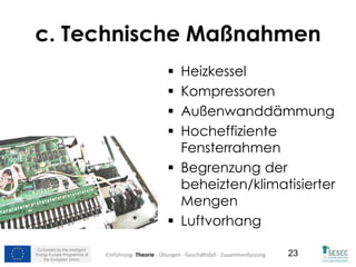 Co-funded by the Intelligent
Energy Europe Programme of
the European Union
23
c. Technische Maßnahmen
 Heizkessel
 Kompressoren
 Außenwanddämmung
 Hocheffiziente
Fensterrahmen
 Begrenzung der
beheizten/klimatisierter
Mengen
 Luftvorhang
Einführung- Theorie - Übungen - Geschäftsfall - Zusammenfassung
 