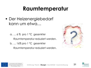Co-funded by the Intelligent
Energy Europe Programme of
the European Union
31
Raumtemperatur
 Der Heizenergiebedarf
kann um etwa…
a. … 6 % pro 1 °C gesenkter
Raumtemperatur reduziert werden.
b. … 16% pro 1 °C gesenkter
Raumtemperatur reduziert werden.
Einführung- Theorie - Übungen - Geschäftsfall - Zusammenfassung
 