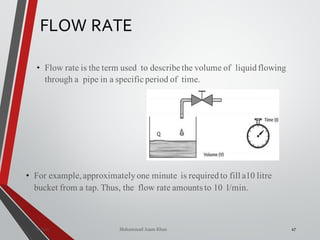 Mohammad Azam Khan
FLOW RATE
47
• Flow rate is the term used to describe the volume of liquidflowing
through a pipe in a specific period of time.
Valves
• For example,approximatelyone minute is requiredto fill a10 litre
bucket from a tap. Thus, the flow rate amounts to 10 l/min.
 