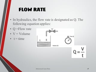 Mohammad Azam Khan
FLOW RATE
48
• In hydraulics, the flow rate is designated as Q. The
following equation applies:
• Q =Flow rate
• V = Volume
• t = time
Valves
 