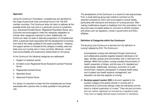 6
Approach
Using the Continuum Framework, competencies are identified for
the range of personnel most commonly found in the 129 ICN
member countries. The Continuum does not claim to address all the
possible levels that may exist in a particular country or jurisdiction
(e.g. Advanced Enrolled Nurse, Registered Psychiatric Nurse, etc.).
Countries are encouraged to make the necessary adaptation to
include other categories important to them. Additionally, the
Continuum does not seek to describe progression of competencies
within a particular level associated with the development of practice
from that of the newly qualified to the expert practitioner. However,
the support worker is included as this category is widely used and
does carry out nursing care in many countries. Moreover, nurses
have accountability and supervisory relationships for this group.
In the Continuum the following categories are addressed:
1. Support or assistive worker
2. Enrolled nurse/ Registered Nurse Assistant/Licensed Practical
Nurse
3. Registered/Licensed Nurse
4. Specialist Nurse
5. Advanced Practice Nurse
For clarity it is important to state that the competencies are those
associated with a person who is newly qualified in the particular
role.
The development of the Continuum is a result of a two step process.
First, a small steering group was invited to comment on the
attached competency matrix and encouraged to consult widely,
particularly with educators and directors of nursing services. After
making modifications based on feedback from this consultation, the
document was circulated widely for comment to all ICN members
and others such as regulators, nurses in government and ICN’s
affiliates.
Definition of Categories within the Continuum
The Nursing Care Continuum is derived from the definition of
nursing4
adopted by ICN. The Continuum:
encompasses nursing care delivered through autonomous
and collaborative practise targeted towards individuals of all
ages, families, groups and communities, sick or well and in all
settings. Within this context, nursing includes the promotion of
health, prevention of illness, and the care of ill, disabled and
dying people. Additionally, advocacy, promotion of a safe
environment, research, participation in shaping health policy
and in patient and health systems management, and
education are also key aspects of nursing.
! Nursing support worker (SW) is the term applied to the
auxiliary category that assists directly in nursing care in
institutional or community settings under the standards and the
direct or indirect supervision of nurses.5
They are paid providers
who are neither registered nor licensed by a regulatory body.
They have no legally defined scope of practice or mandatory
 