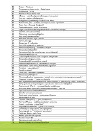 01103, Украина, г. Киев, a/я 54
тел./факс: (044) 2 8 6 7 7 8 7 , 8 ( 0 5 0 ) 9 8 5 4 9 8 7 , 8 ( 0 6 8 ) 2 0 1 7 0 0 5
g r a p h i t e 2 0 0 5 @ u k r . n e t
12. Яншао і Трипілля
13. Велика китайська стіна і Змієві вали
14. Богдан Чин Гіз Хан
15. Космічна магія Фень-шуй
16. Мо-цзи – народний філософ і перший комуніст
17. Лао-цзи – «філософ Всесвіту»
18. Конфуцій – архітектор «китайської мрії»
19. Китайська мрія і китайський національний характер
20. Поет Мао і філософ Конфуцій
21. Пекінська опера і чайна церемонія
22. Гугун: заборонене місто (імператорський палац Пекіну)
23. Сакральна магія числа 12
24. Мізинська цивілізація України
25. Хто придумав календар?
26. Хрестові походи: міфи і реалії
27. Одісея (Гомер)
28. Троянська Січ. «Енеїда»
29. Вергілій: переклад чи плагіат?
30. Великий скіф Гомер – «батько історії»
31. Великий скіф Геродот
32. Європа та Азія. Де знаходиться центр Європи?
33. Великий скіф Піфагор
34. Олександр Македонський – видумка істориків?
35. Великий скіф Аристотель
36. Великий скіф Платон (Аристокл)
37. Великий скіф Анахарсій – «батько філософії»
38. Богиня Рея, мати Зевса, походила з України?
40. Українці – обрані Богом?
41. Ісус Галичанин?
42. Гора Лева -львівська піраміда?
43. Великий скіф Спартак
44. Нікейський собор: як церква мучеників перетворилася на церкву патріархів?
45. Південна Україна - Українська Еллада
46. Хто перетворив Велику Романію на «Візантію», а провінційну Рому – на «Рим»?
47. Чому прабатько скіфів Геракл народився и похований в Україні?
48. Пантикапей (Керч) – столиця Української Еллади
49. Херсонес (Севастополь) – столиця української Гераклеї
50. Про походження назви «Україна»
51. Загадки чернігівських печер
52. Скіфський народ копти – покорителі Єгипту
53. Український Мілет
54. Сакральна Хортиця і Гераклові Стовпи
55. Кам’яна Могила – найдавніший храм планети
56. Ольвія стоїть на руїнах Трої?
57. Фараонки-білявки або Український Єгипет
58. Сумери були сіверами чи кіммерійцями?
59. Культурний код Української цивілізації
60. Скіфська богиня води Дана
61. Хлібна цивілізація України
62. Магічне число 13
63. Сакральна магія календаря
64. Мистецтво палеоліту та Трипілля
 
