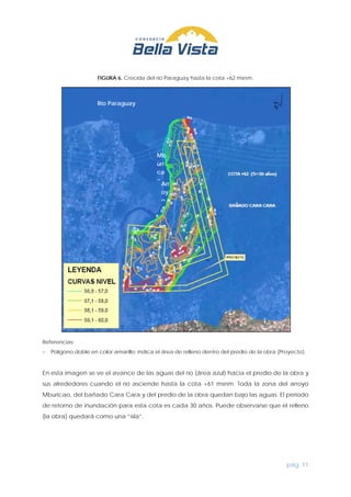 pág. 11
FIGURA 6. Crecida del río Paraguay hasta la cota +62 msnm.
Referencias:
− Polígono doble en color amarillo: indica el área de relleno dentro del predio de la obra (Proyecto).
En esta imagen se ve el avance de las aguas del río (área azul) hacia el predio de la obra y
sus alrededores cuando el río asciende hasta la cota +61 msnm. Toda la zona del arroyo
Mburicao, del bañado Cara Cara y del predio de la obra quedan bajo las aguas. El periodo
de retorno de inundación para esta cota es cada 30 años. Puede observarse que el relleno
(la obra) quedará como una “isla”.
Río Paraguay
Arr
oy
o
Mb
uri
ca
o
 