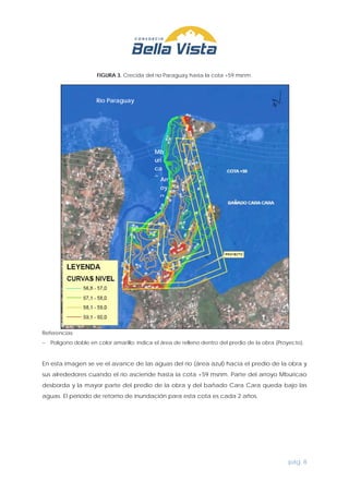 pág. 8
FIGURA 3. Crecida del río Paraguay hasta la cota +59 msnm.
Referencias:
− Polígono doble en color amarillo: indica el área de relleno dentro del predio de la obra (Proyecto).
En esta imagen se ve el avance de las aguas del río (área azul) hacia el predio de la obra y
sus alrededores cuando el río asciende hasta la cota +59 msnm. Parte del arroyo Mburicao
desborda y la mayor parte del predio de la obra y del bañado Cara Cara queda bajo las
aguas. El periodo de retorno de inundación para esta cota es cada 2 años.
Río Paraguay
Arr
oy
o
Mb
uri
ca
o
 