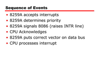 Sequence of Events 8259A accepts interrupts 8259A determines priority 8259A signals 8086 (raises INTR line) CPU Acknowledges 8259A puts correct vector on data bus CPU processes interrupt 