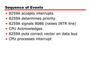 Sequence of Events
• 8259A accepts interrupts
• 8259A determines priority
• 8259A signals 8086 (raises INTR line)
• CPU Acknowledges
• 8259A puts correct vector on data bus
• CPU processes interrupt
 
