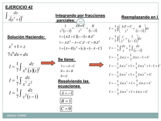EJERCICIO 42Integrando por fracciones parciales: Reemplazando en I Solución Haciendo: Se tiene: Resolviendo las ecuaciones ANIVAL TORRE55