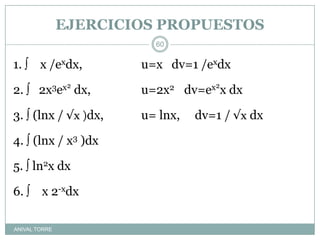 ANIVAL TORRE1.     x /exdx,		u=x   dv=1 /exdx 2.    2x3ex² dx, 		u=2x2     dv=ex²x dx 3.  (lnx / √x )dx,		u= lnx,     dv=1 / √x dx 4.  (lnx / x3 )dx 5.  ln2x dx                            6.     x 2-xdx60EJERCICIOS PROPUESTOS