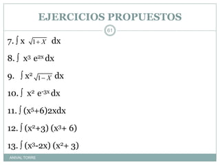EJERCICIOS PROPUESTOS7.  x             dx   8.   x3  e2x dx9.    x2                dx10.   x2  e-3x dx11.  (x5+6)2xdx12.  (x2+3) (x3+ 6)13.  (x3-2x) (x2+ 3)ANIVAL TORRE61