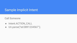 Sample Implicit Intent
Call Someone
● Intent.ACTION_CALL
● Uri.parse("tel:0891234567");
 