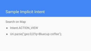 Sample Implicit Intent
Search on Map
● Intent.ACTION_VIEW
● Uri.parse("geo:0,0?q=Bluecup coffee");
 