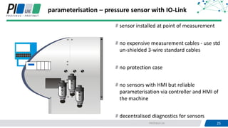 25PROFIBUS UK 25
parameterisation – pressure sensor with IO-Link
sensor installed at point of measurement
no expensive measurement cables - use std
un-shielded 3-wire standard cables
no protection case
no sensors with HMI but reliable
parameterisation via controller and HMI of
the machine
decentralised diagnostics for sensors
 