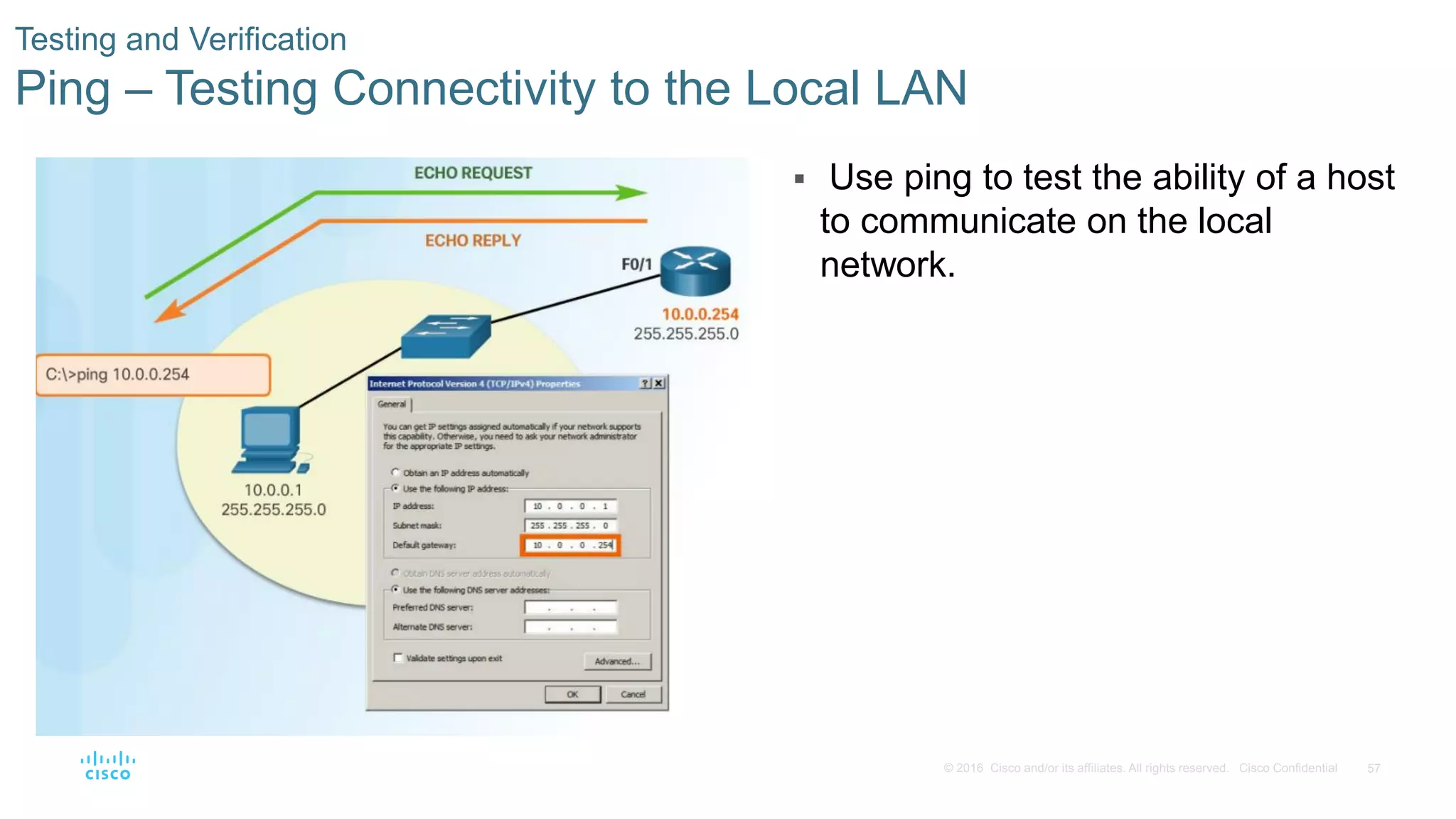 57
© 2016 Cisco and/or its affiliates. All rights reserved. Cisco Confidential
Testing and Verification
Ping – Testing Connectivity to the Local LAN
 Use ping to test the ability of a host
to communicate on the local
network.
 