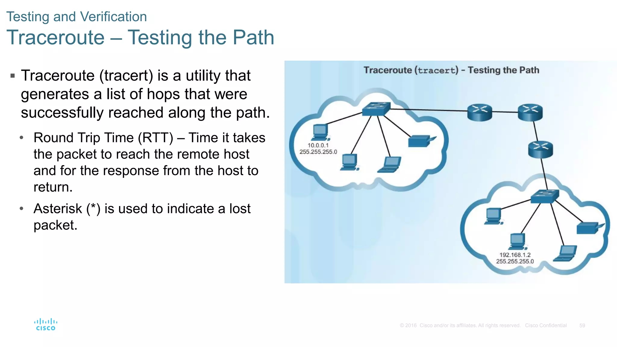 59
© 2016 Cisco and/or its affiliates. All rights reserved. Cisco Confidential
Testing and Verification
Traceroute – Testing the Path
 Traceroute (tracert) is a utility that
generates a list of hops that were
successfully reached along the path.
• Round Trip Time (RTT) – Time it takes
the packet to reach the remote host
and for the response from the host to
return.
• Asterisk (*) is used to indicate a lost
packet.
 