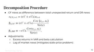 Decomposition Procedure
13
● CF news as difference between total unexpected return and DR news
● Adjustments
○ Excess returns in VAR and beta calculation
○ Lag of market news (mitigates stale-price problem)
Michael-Paul James
 