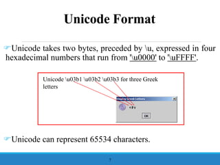 Unicode Format
Unicode takes two bytes, preceded by u, expressed in four
hexadecimal numbers that run from 'u0000' to 'uFFFF'.
Unicode can represent 65534 characters.
7
Unicode u03b1 u03b2 u03b3 for three Greek
letters
 