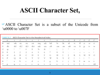 ASCII Character Set,
ASCII Character Set is a subset of the Unicode from
u0000 to u007F
8
 