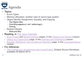 Agenda


Topics:




Enum Types
Memory allocation: another view of Java’s type system
Object Identity, Assignment, Equality, and Copying






Nested Classes







Enum Types and Nested Classes pages, in the Classes and Objects Lesson.
Object as a Superclass page, in the Interface and Inheritance Lesson.
Equality, Relational, and Conditional Operators page, in the Language Basics
Lesson.

For reference:


2

What and Why

Reading, in The Java Tutorials:




The Object class
Overriding equals() and toString()
Cloning

The 3 things you should know about hashCode(), Eclipse Source Developer,
available 20 March 2013.
COMPSCI 230: S7

 