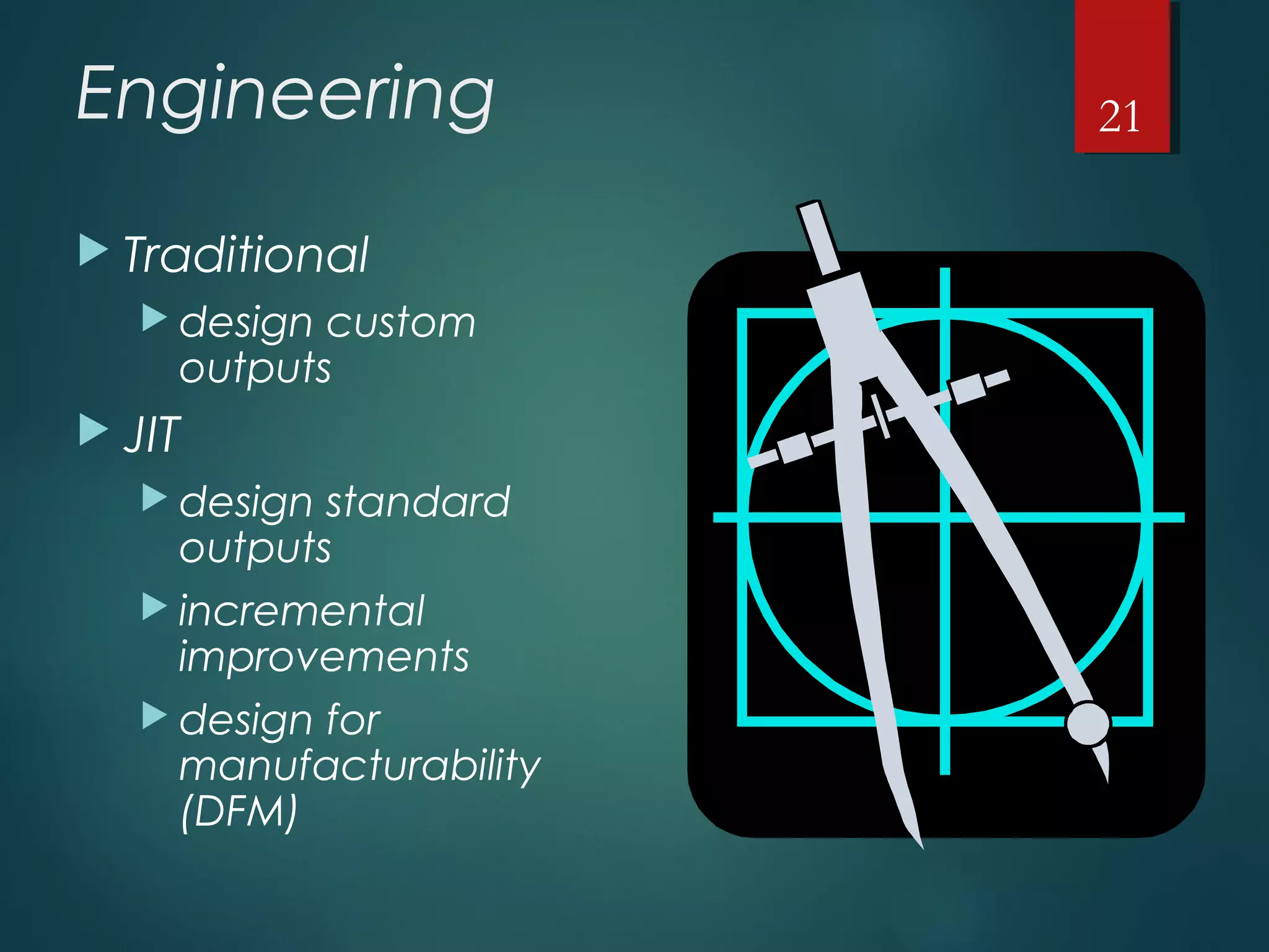 Engineering
 Traditional
 design custom
outputs
 JIT
 design standard
outputs
 incremental
improvements
 design for
manufacturability
(DFM)
21
 