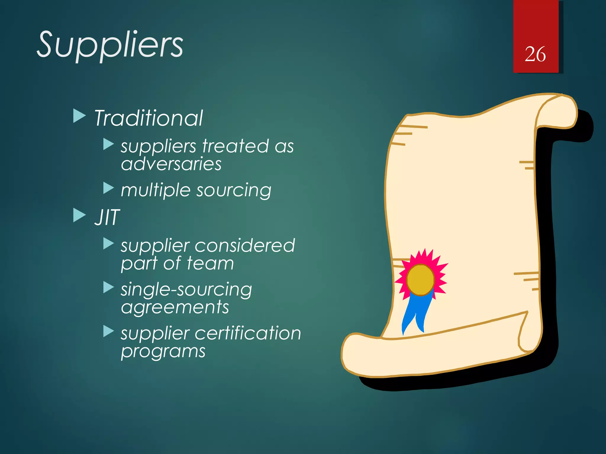 Suppliers
 Traditional
 suppliers treated as
adversaries
 multiple sourcing
 JIT
 supplier considered
part of team
 single-sourcing
agreements
 supplier certification
programs
26
 