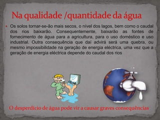 Na qualidade /quantidade da águaOs solos tornar-se-ão mais secos, o nível dos lagos, bem como o caudal dos rios baixarão. Consequentemente, baixarão as fontes de fornecimento de água para a agricultura, para o uso doméstico e uso industrial. Outra consequência que daí advirá será uma quebra, ou mesmo impossibilidade na geração de energia eléctrica, uma vez que a geração de energia eléctrica depende do caudal dos riosO desperdício de água pode vir a causar graves consequências
