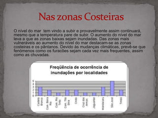 O nível do mar  tem vindo a subir e provavelmente assim continuará, mesmo que a temperatura pare de subir. O aumento do nível do mar leva a que as zonas baixas sejam inundadas. Das zonas mais vulneráveis ao aumento do nível do mar destacam-se as zonas costeiras e os pântanos. Devido às mudanças climáticas, prevê-se que fenómenos como os furacões sejam cada vez mais frequentes, assim como as chuvadas.             Nas zonas Costeiras