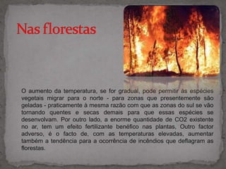 Nas florestasO aumento da temperatura, se for gradual, pode permitir às espécies vegetais migrar para o norte - para zonas que presentemente são geladas - praticamente à mesma razão com que as zonas do sul se vão tornando quentes e secas demais para que essas espécies se desenvolvam. Por outro lado, a enorme quantidade de CO2 existente no ar, tem um efeito fertilizante benéfico nas plantas, Outro factor adverso, é o facto de, com as temperaturas elevadas, aumentar também a tendência para a ocorrência de incêndios que deflagram as florestas.