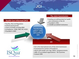 JCI

                                                               The Joint Commission
                                                          • Leading accrediting body for health
 Health Care Informed (HCI)                                 care institutions in the US
                                                          • Founded in 1951
• Quality, Risk and Regulation
                                                          • >19,000 accredited institutions
• Ireland and Australia
• Team of 20 MD including R&D
• Compliance– HIQA, IMB, ISO, ACHS   Transforming
• Founded in 2005                    patient safety
                                     and quality of
                                          care



                                                               JCI




                                                                                                       © Joint Commission International
                                     • JCI is the international arm of the Joint Commission
                                     • Framework for Centers of Excellence
                                     • Work with health care orgs, NGOs, and governments
                                     • 400+ JCI accredited organizations – 85 Countries
                                     • Ireland 1999
                                                                                                  10
 