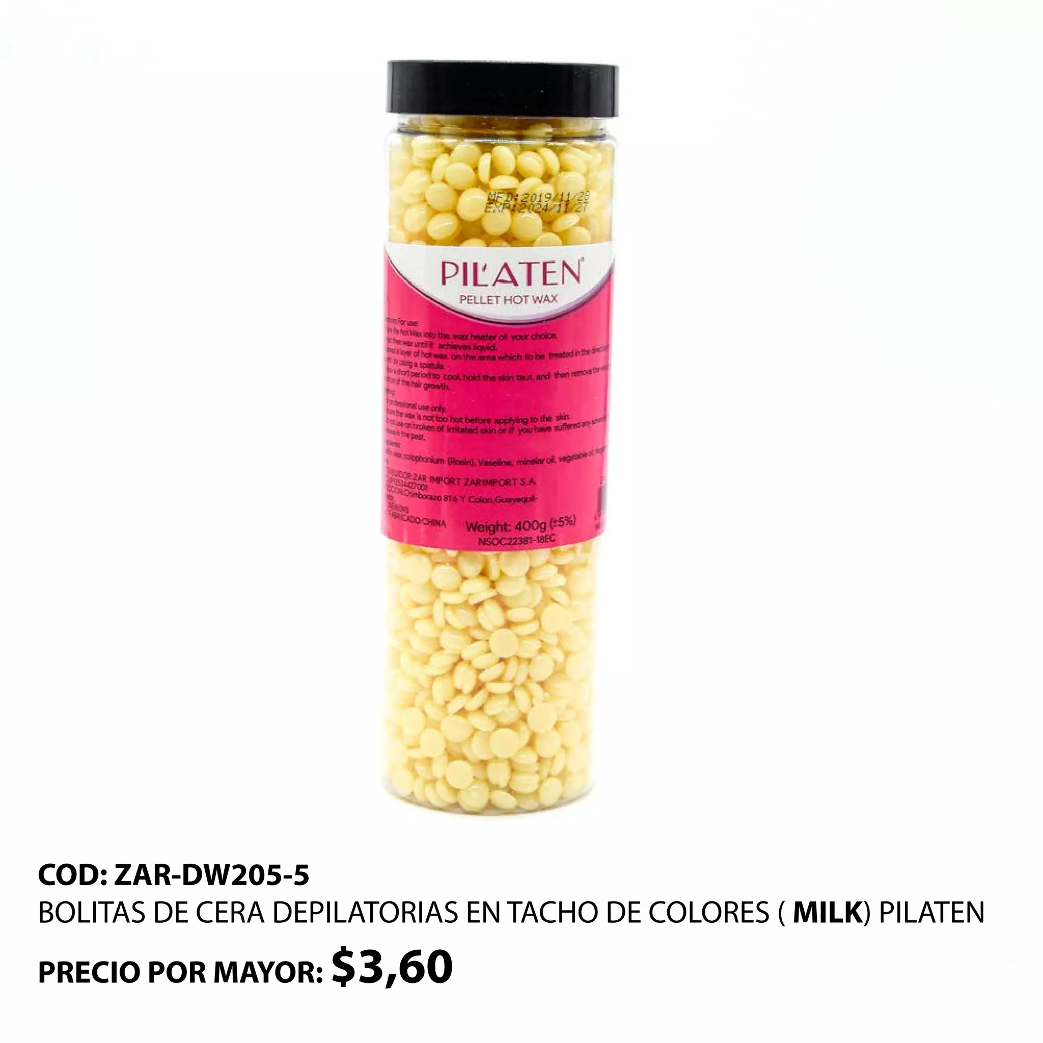 COD: ZAR-DW205-5
BOLITAS DE CERA DEPILATORIAS EN TACHO DE COLORES ( MILK) PILATEN
PRECIO POR MAYOR: $3,60
 