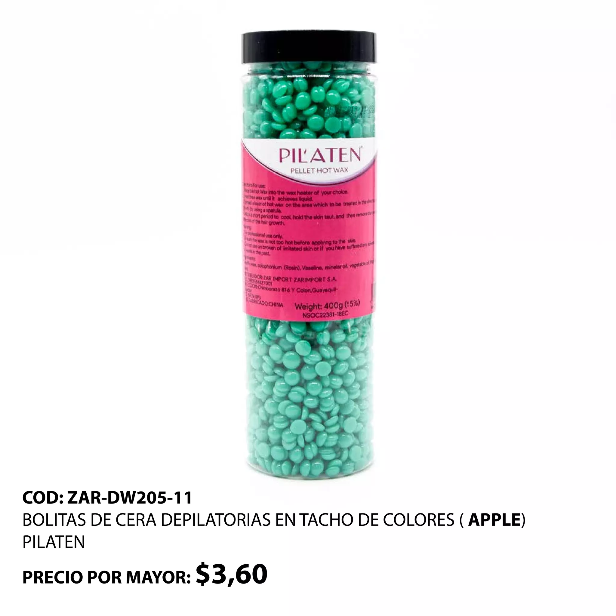 COD: ZAR-DW205-11
BOLITAS DE CERA DEPILATORIAS EN TACHO DE COLORES ( APPLE)
PILATEN
PRECIO POR MAYOR: $3,60
 