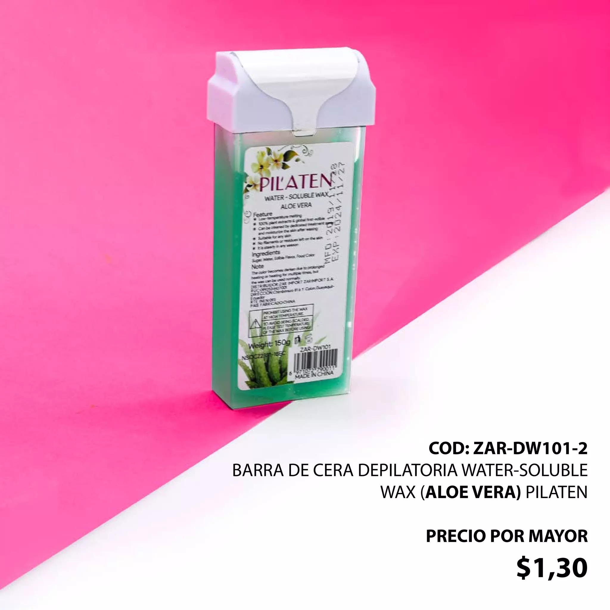 COD: ZAR-DW101-2
BARRA DE CERA DEPILATORIA WATER-SOLUBLE
WAX (ALOE VERA) PILATEN
PRECIO POR MAYOR
$1,30
 
