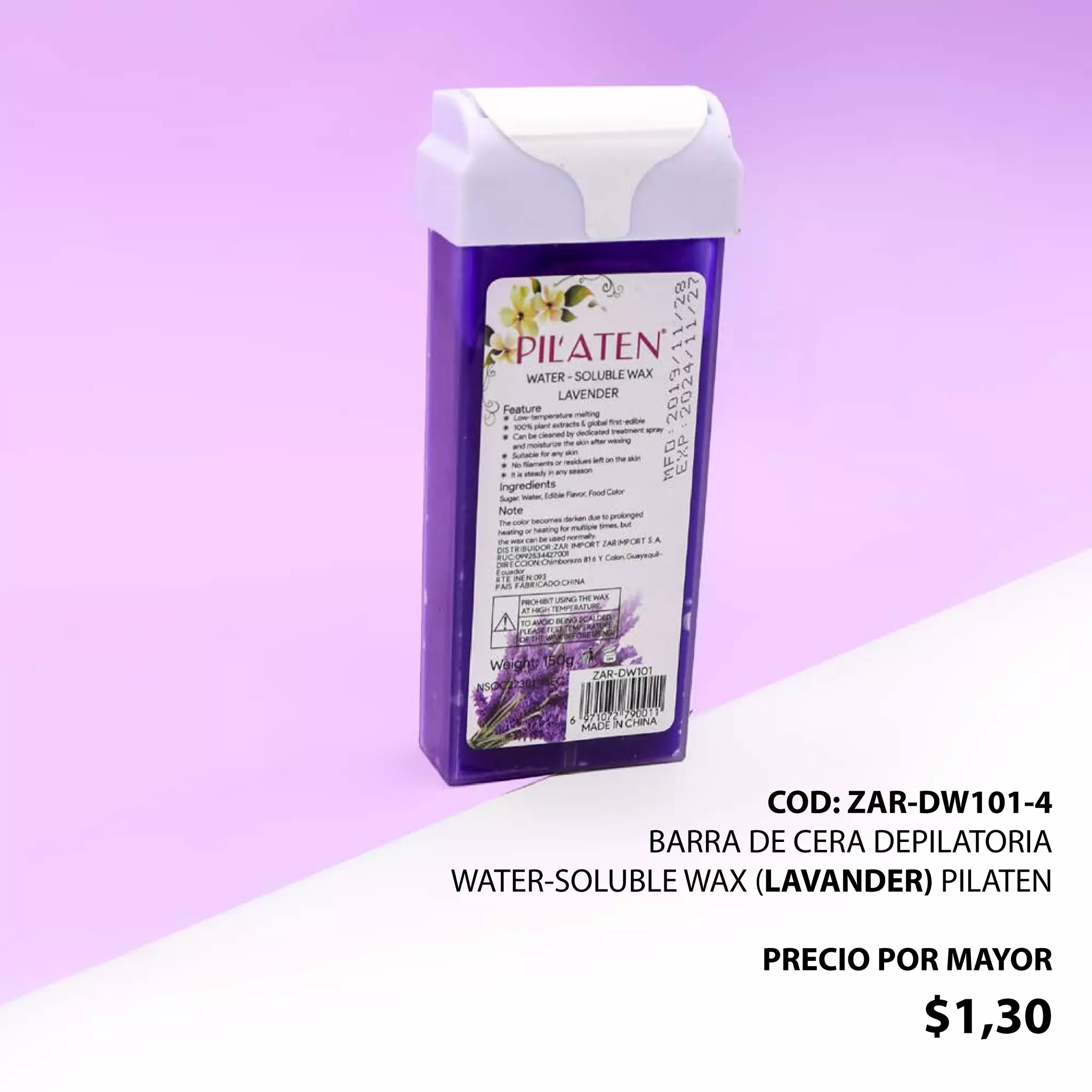 COD: ZAR-DW101-4
BARRA DE CERA DEPILATORIA
WATER-SOLUBLE WAX (LAVANDER) PILATEN
PRECIO POR MAYOR
$1,30
 