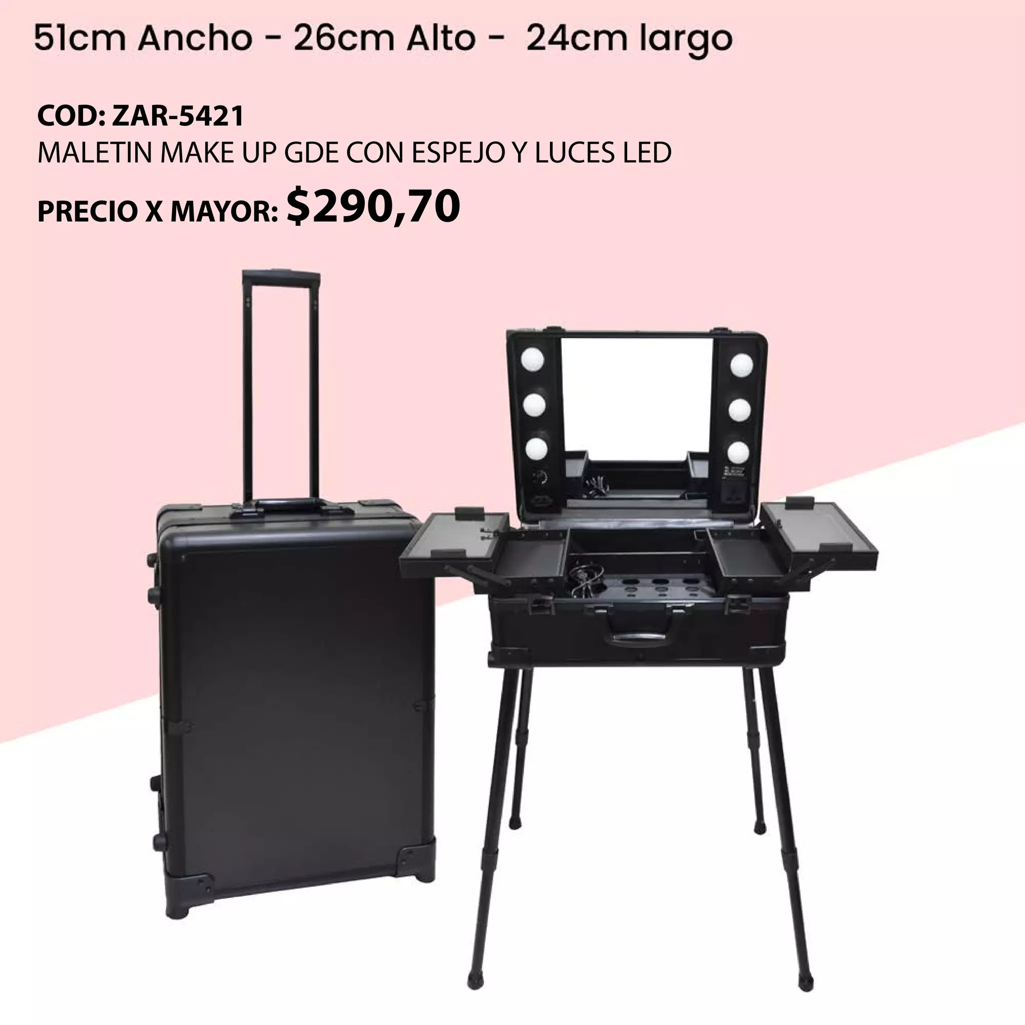 COD: ZAR-5421
MALETIN MAKE UP GDE CON ESPEJO Y LUCES LED
PRECIO X MAYOR: $290,70
 