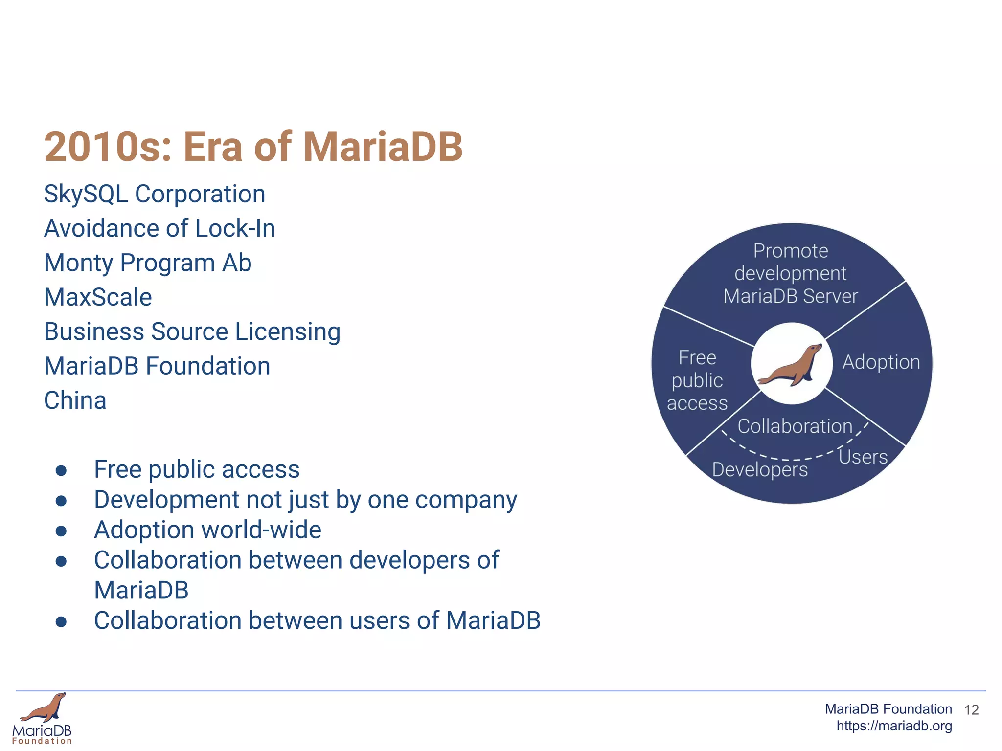 2010s: Era of MariaDB
SkySQL Corporation
Avoidance of Lock-In
Monty Program Ab
MaxScale
Business Source Licensing
MariaDB Foundation
China
● Free public access
● Development not just by one company
● Adoption world-wide
● Collaboration between developers of
MariaDB
● Collaboration between users of MariaDB
12MariaDB Foundation
https://mariadb.org
 