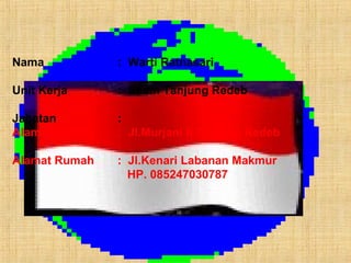 Nama : Warti Ratnasari
Unit Kerja : Stiem Tanjung Redeb
Jabatan :
Alamat Kantor : Jl.Murjani II Tanjung Redeb
Alamat Rumah : Jl.Kenari Labanan Makmur
HP. 085247030787
 