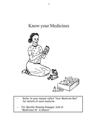 7




         Know your Medicines




•    Refer to your manual called “Your Medicine Box”
     for details of each medicine.

•   For Quickly Knowing Dosages, look at
    “Medicines At A Glance”
 
