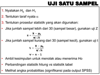 UJI SATU SAMPEL
1. Nyatakan H0 dan H1
2. Tentukan taraf nyata
3. Tentukan prosedur statistik yang akan digunakan:
• Jika jumlah sampel lebih dari 30 (sampel besar), gunakan uji Z


• Jika jumlah sampel kurang dari 30 (sampel kecil), gunakan uji t




• Ambil kesimpulan untuk menolak atau menerima Ho
• Perbandingan statistik hitung vs statistik tabel
• Melihat angka probabilitas (signifikansi pada output SPSS)
 
